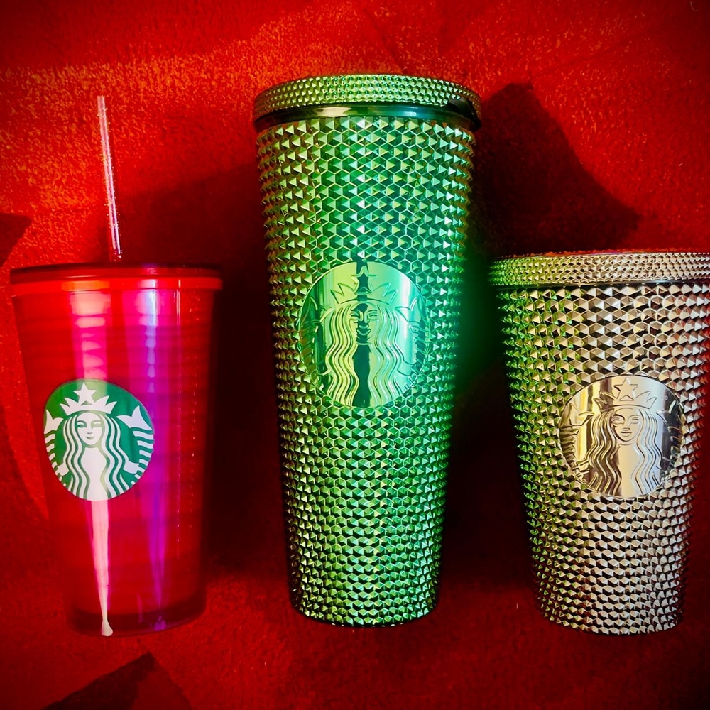 Starbucks Festive Tumbler Trio - Metallic, Green(24oz), Red(16oz) & Gold(16oz). - Picture 1 of 4
